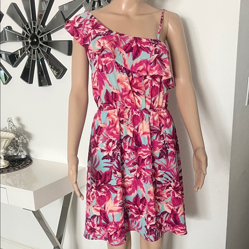 Lucky Brand One-Shoulder Floral Dress in Pink & Aqua , elastic waist ,size M